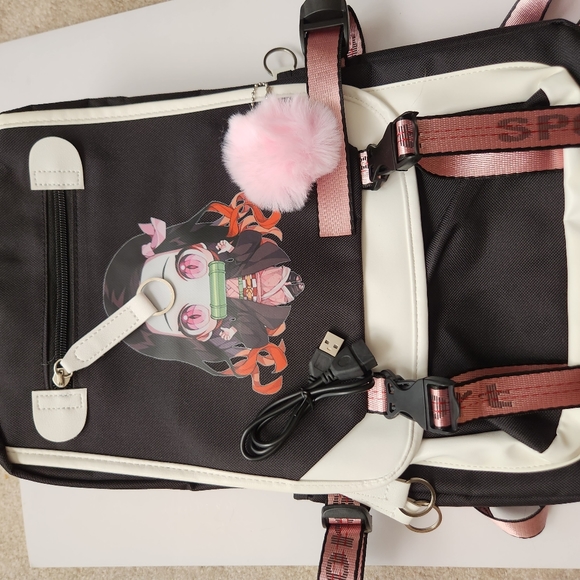 Nezuko Demon Slayer Anime Cosplay School Travel White Black Large Backpack NWOT - Picture 10 of 12